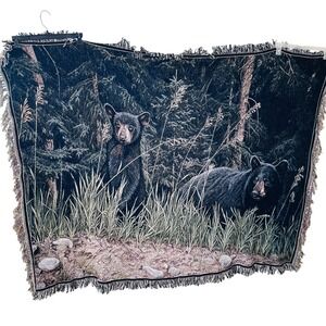 80s R.S. Parker Black Bear Tapestry Blanket 62x49 forest cabin art decor vintage